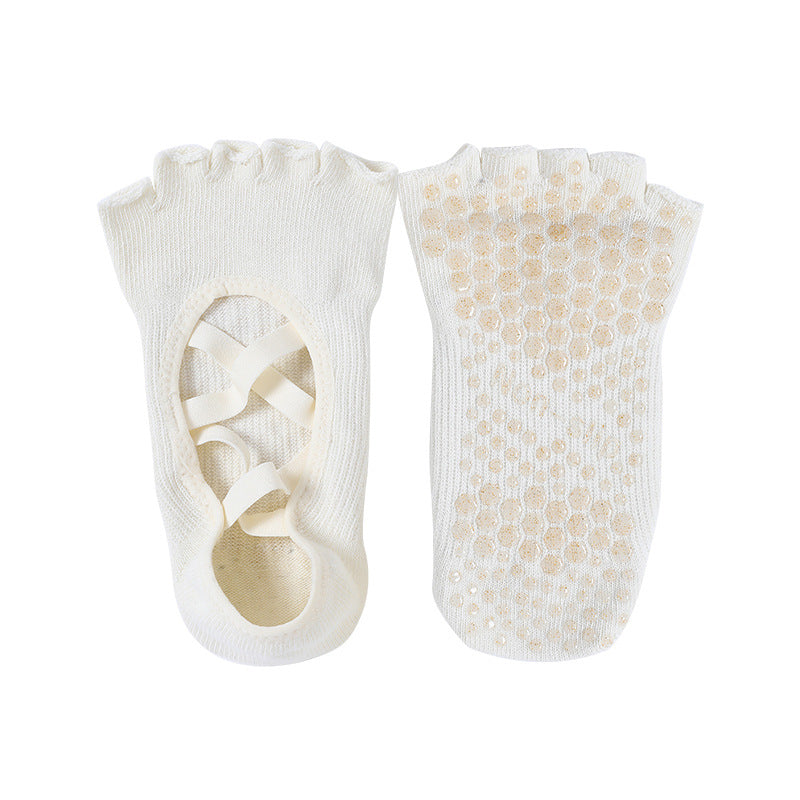 Dual-Ribbon White Yoga Socks with Grip Sole